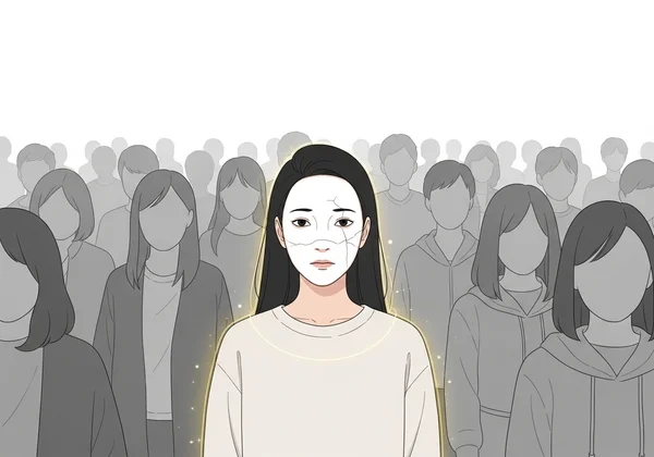 Person blending in a crowd, subtly showing internal struggle