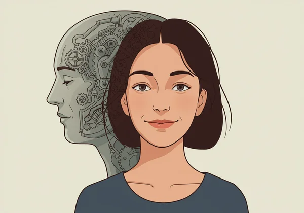 一位女性在平静的表情背后，隐藏着微妙的内心挣扎