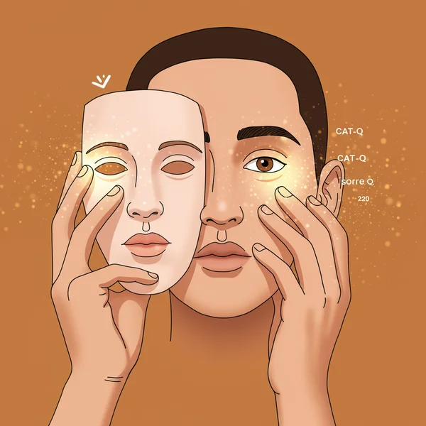 Person gently lifting a mask to reveal an authentic self