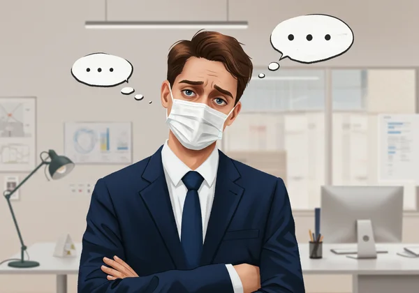 Person performing social behaviors in office, feeling drained