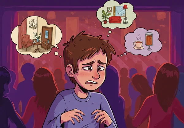 A person enduring a loud party, hands over ears, with thoughts of quiet