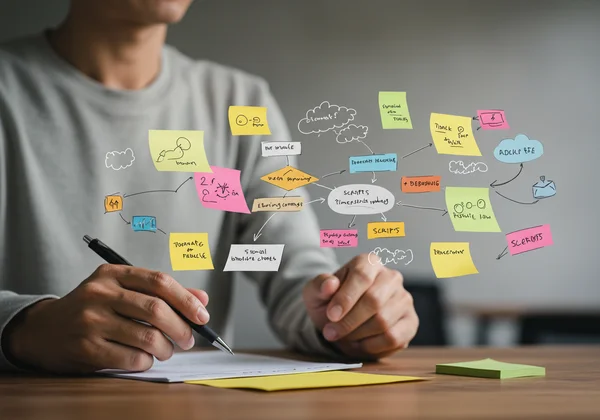 A person studying a social script, surrounded by rules and notes