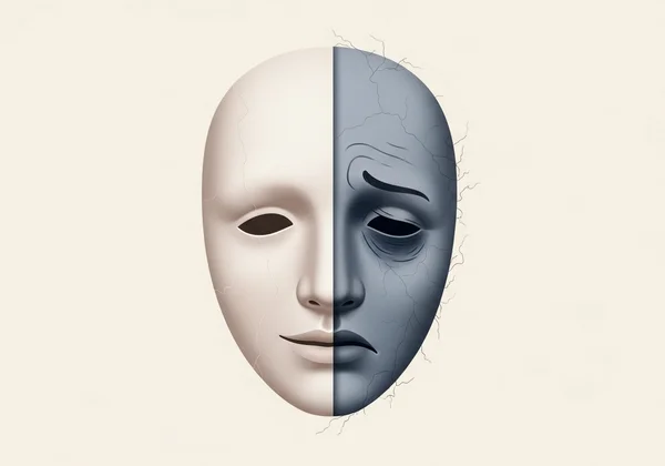 Person wearing a symbolic mask, showing internal vs external self.
