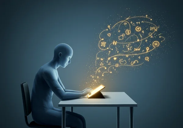 A person sitting at a desk, thoughtfully filling out a self-assessment form on a tablet.