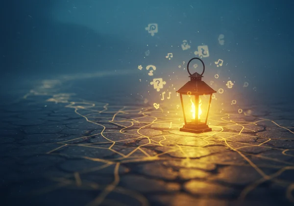 A warm lantern sits on a stone path, gently lighting the way forward in a calm forest.